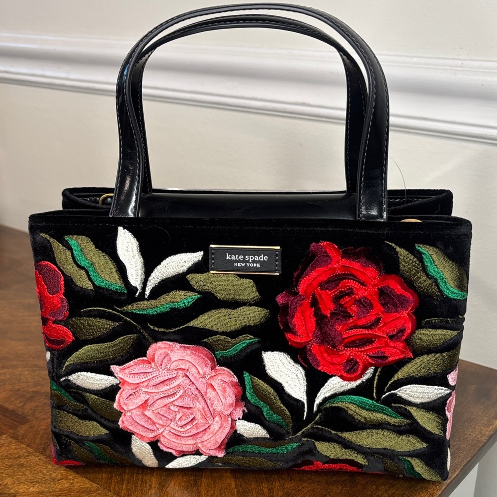 KATE SPADE Sam Icon Rose Garden Embroidery Embellished Velvet Tote - Picture 3 of 12